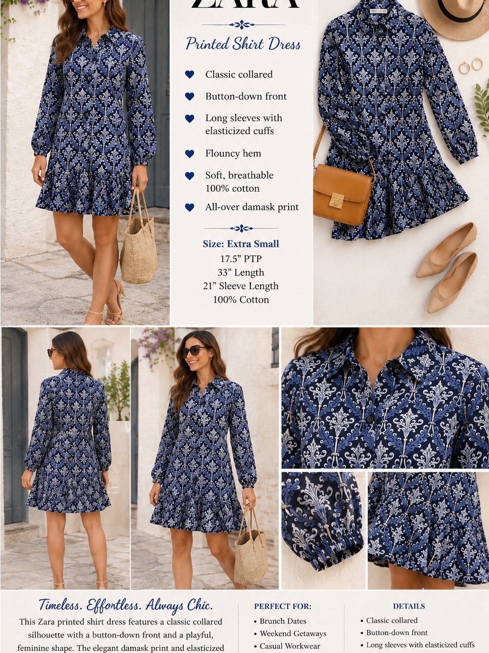 Zara Navy and White Damask Printed Mini Dress XS